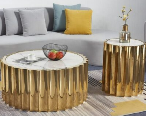 Premium Round Pedestal Center Table Set with Marble Top & Stainless Steel PVD Finish – Luxury Coffee Table for Living Room