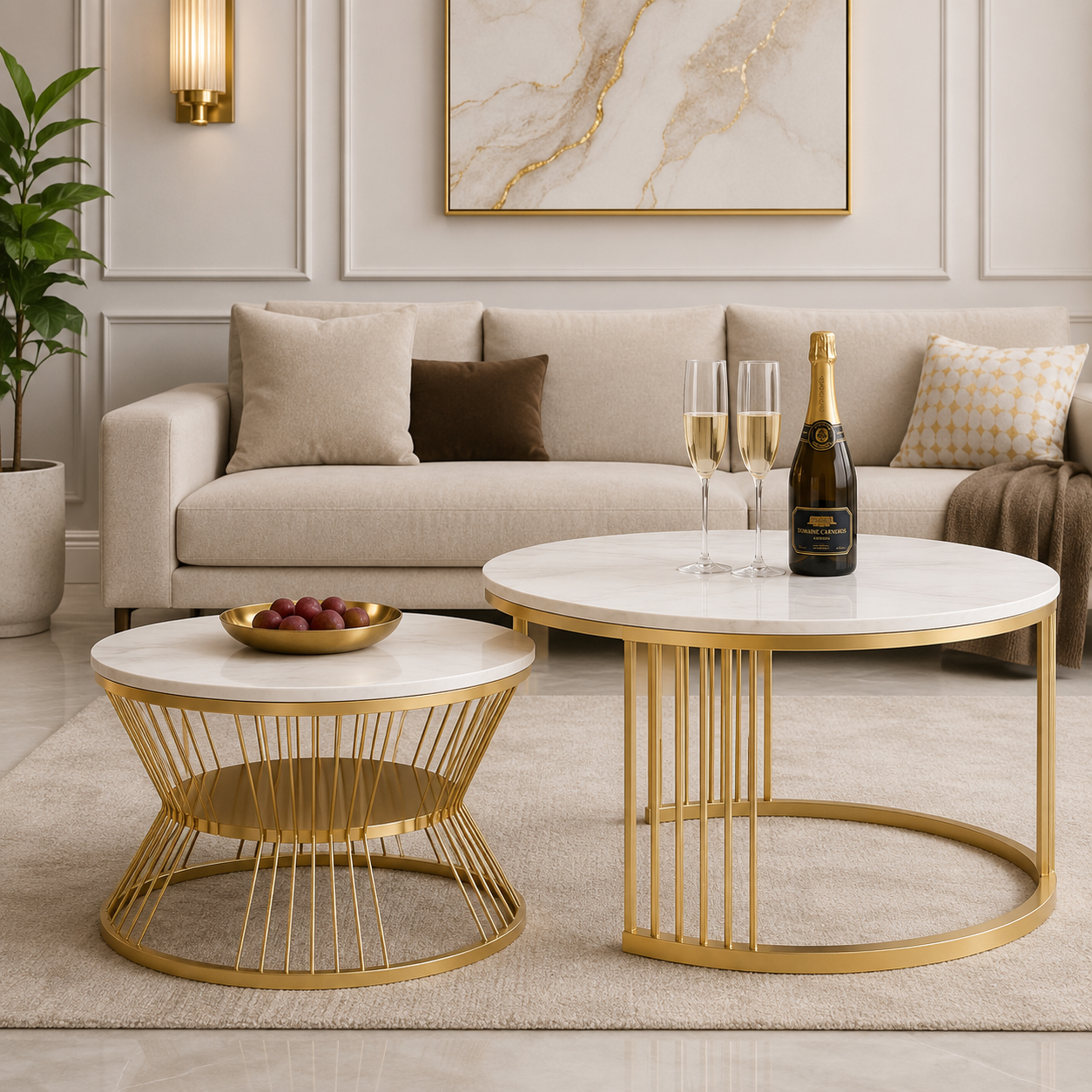 Marbledia Luxe Nesting Coffee Table Set | Premium Marble Top Gold Round Center Tables (Set of 2)