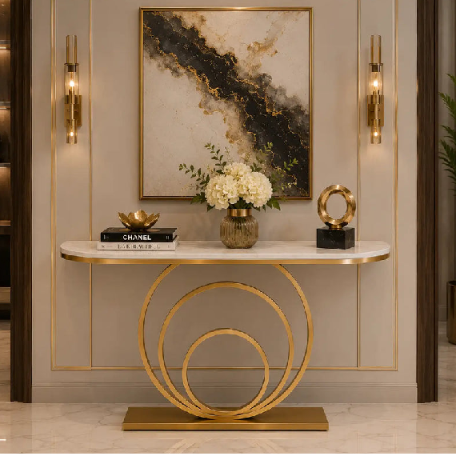 Royal Gold Circular Elegance Console Table with Marble Top