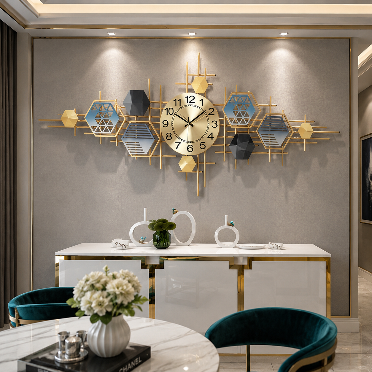 Luxury Modern Geometric Wall Clock with Gold Metallic Frame | Designer 3D Decorative Wall Art Clock