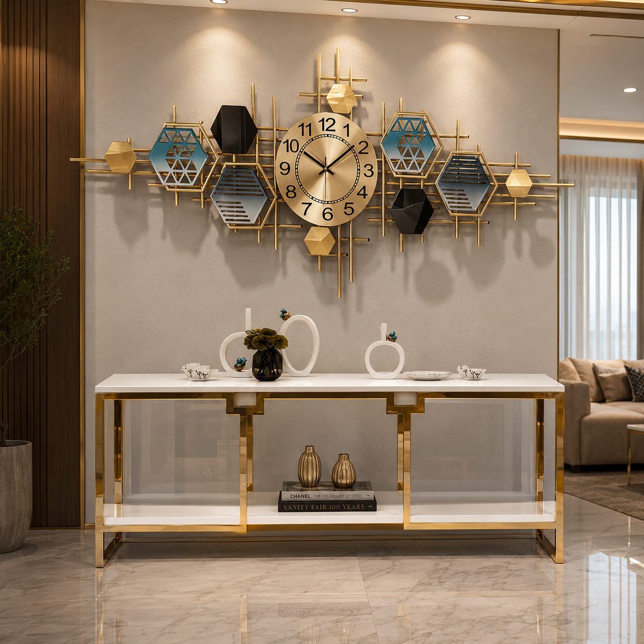 Luxury Modern Geometric Wall Clock with Gold Metallic Frame | Designer 3D Decorative Wall Art Clock